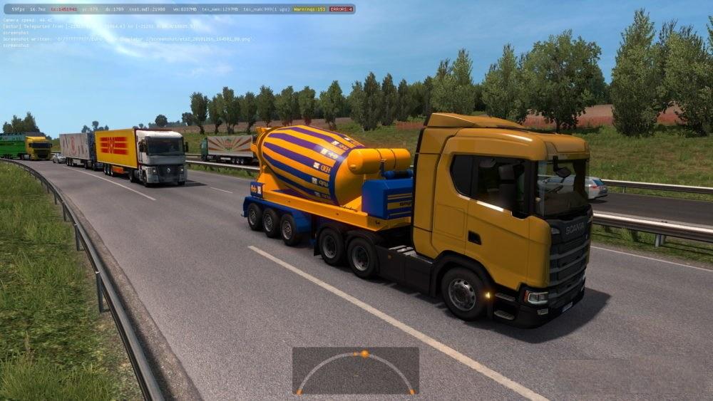 Bright Yellow-Blue Concrete Mixer In Traffic ETS2 1.33.x