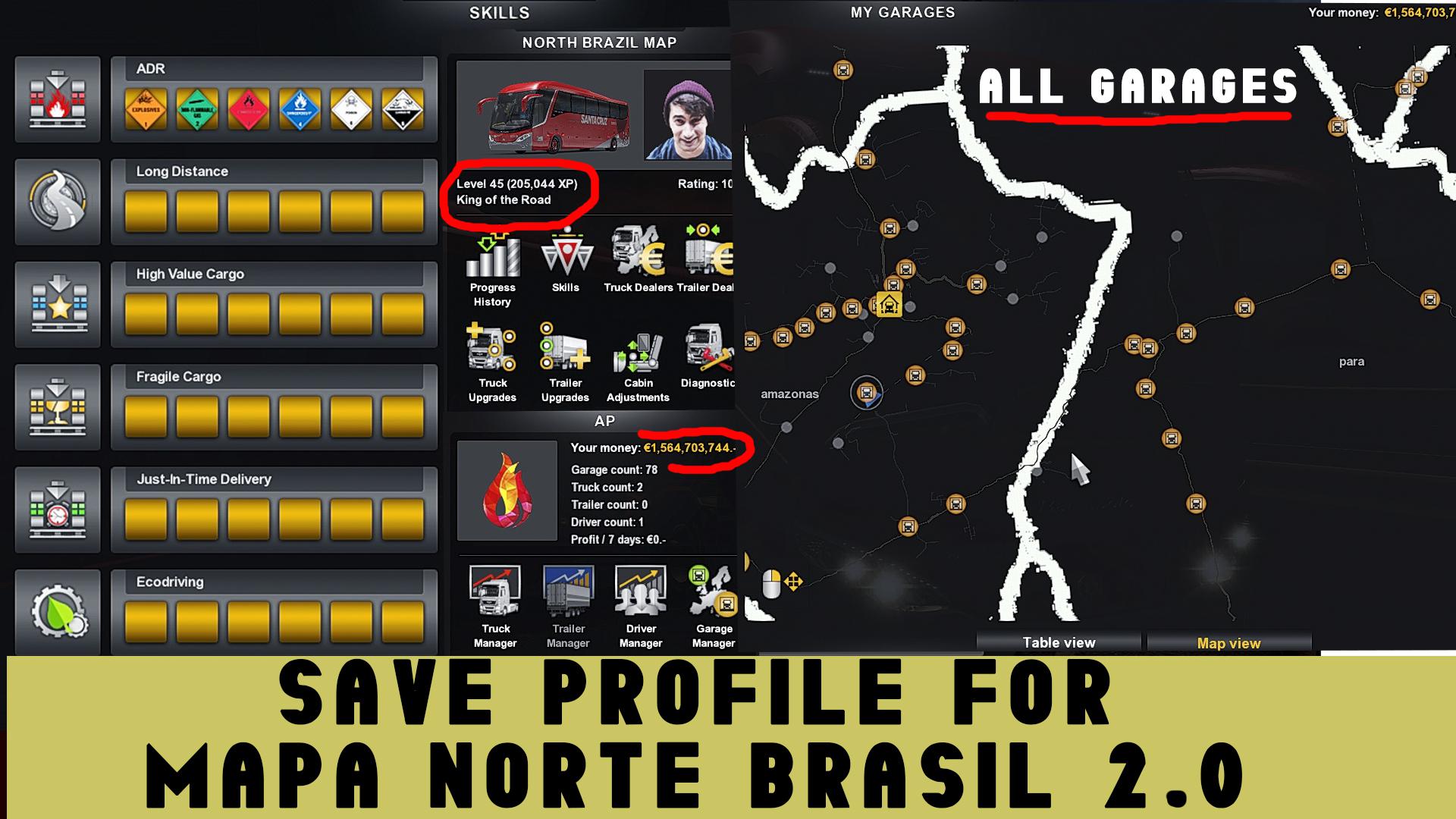 Save Game (Profile) For Mapa Norte Brasil v2.0 ETS2 1.34
