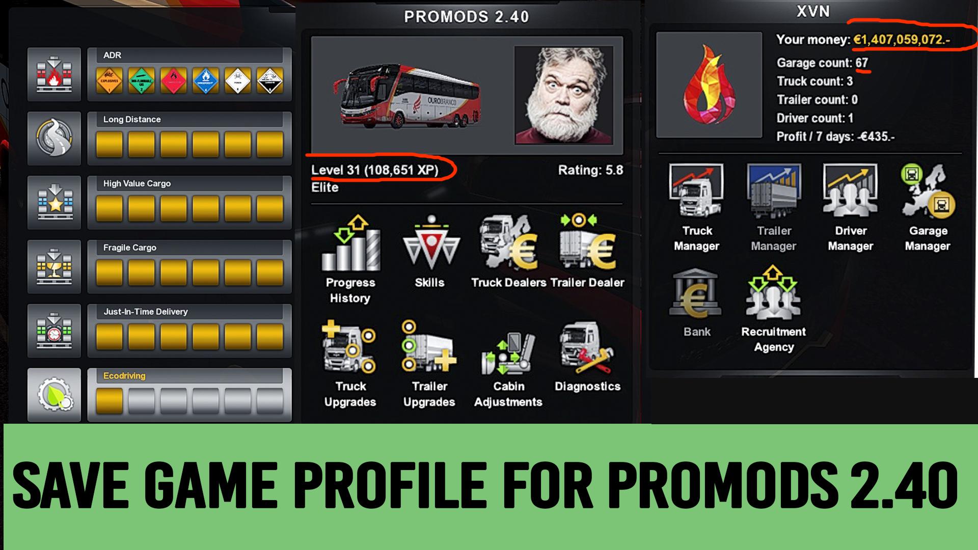 Save Game (Profile) for ProMods 2.40 ETS2 1.34